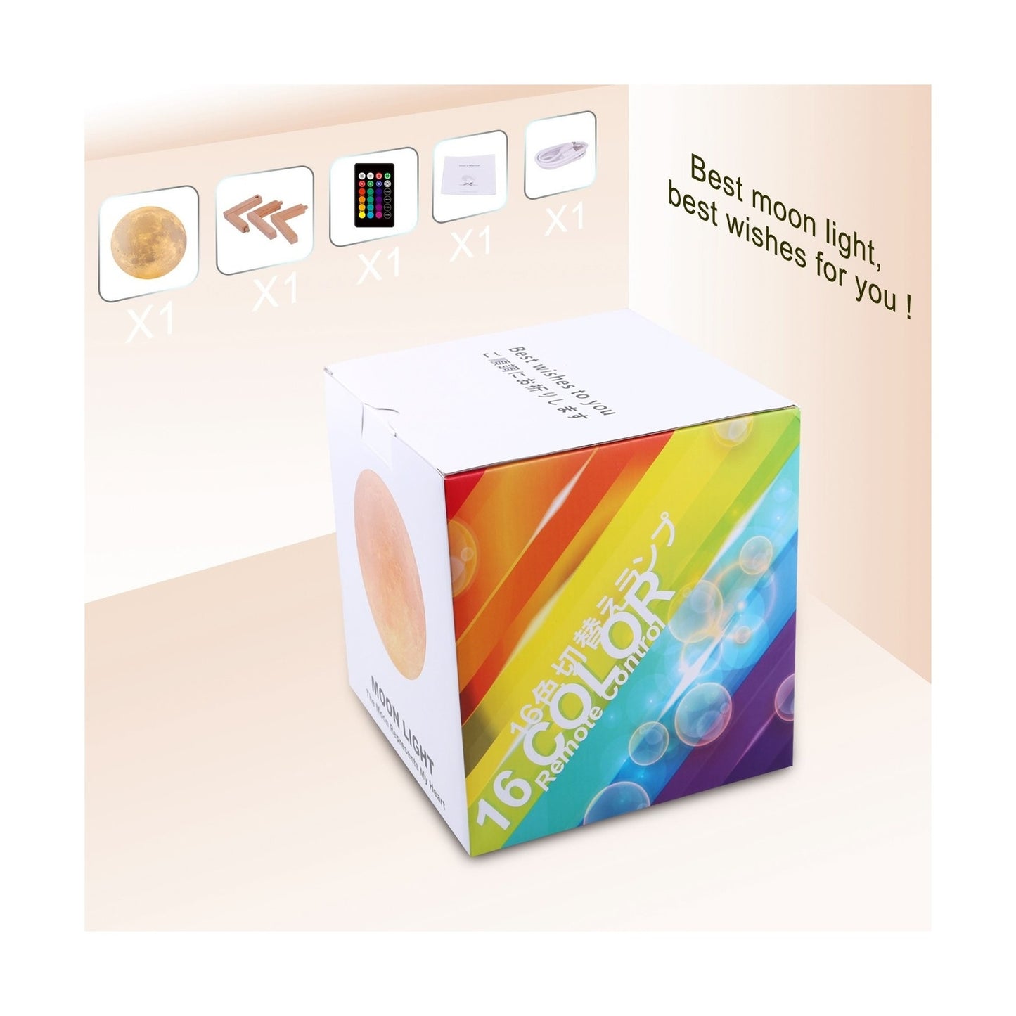 Moon Lamp, LOGROTATE 16 Colors LED Night Light 3D Printing Moon Light with St...