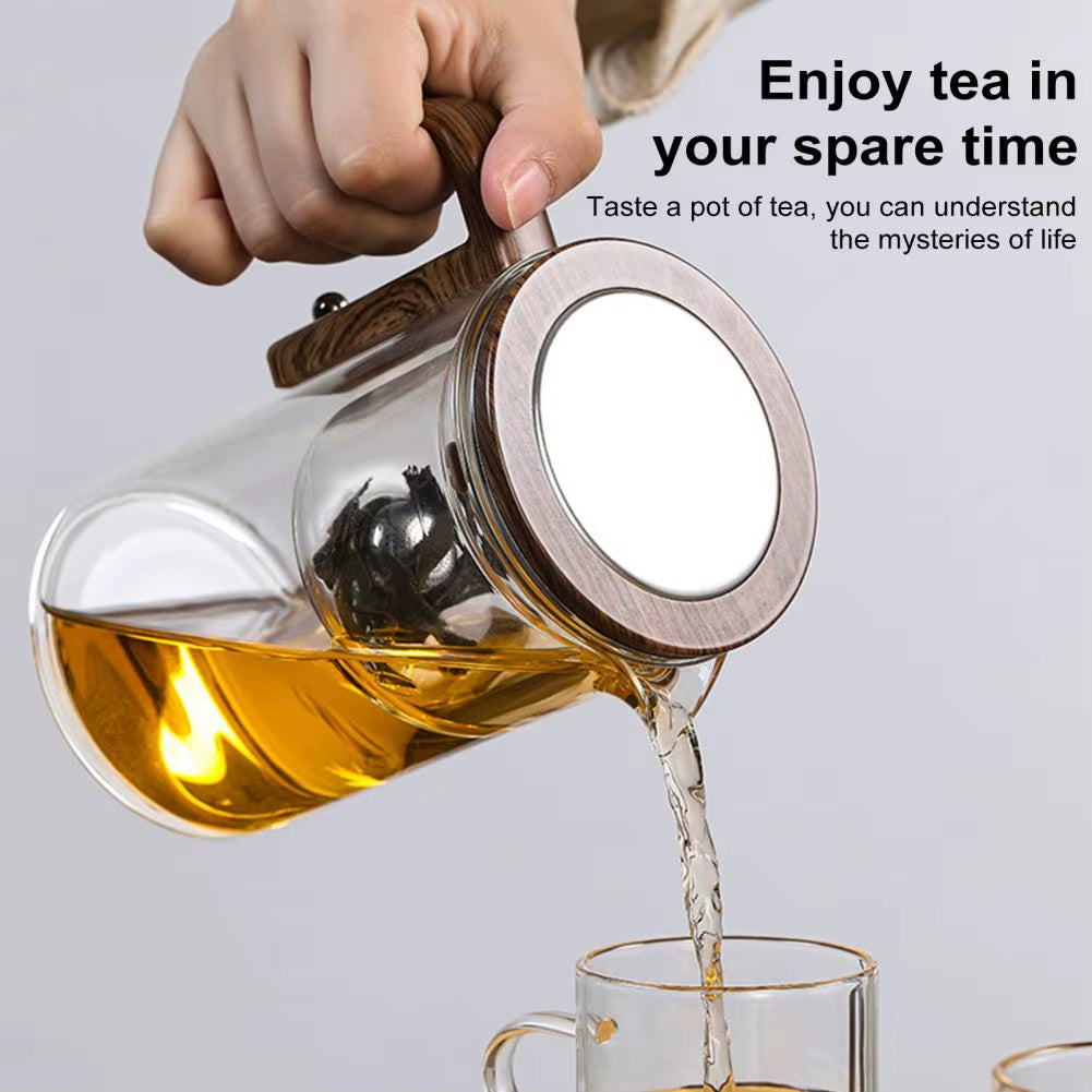 1 Set Glass Teapot Water Separation Wooden Handle Glass Tea Kettle with Infuser Drip-Free Spout Tea Pot for Tea Brewing