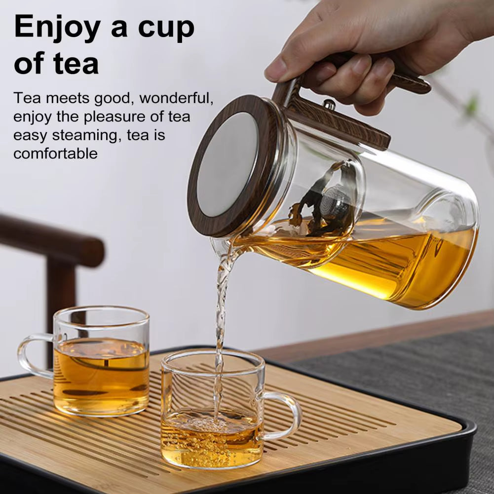 1 Set Glass Teapot Water Separation Wooden Handle Glass Tea Kettle with Infuser Drip-Free Spout Tea Pot for Tea Brewing