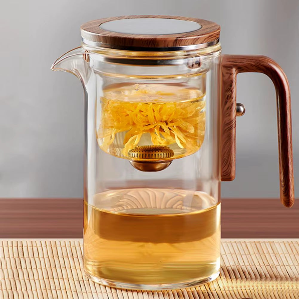 1 Set Glass Teapot Water Separation Wooden Handle Glass Tea Kettle with Infuser Drip-Free Spout Tea Pot for Tea Brewing
