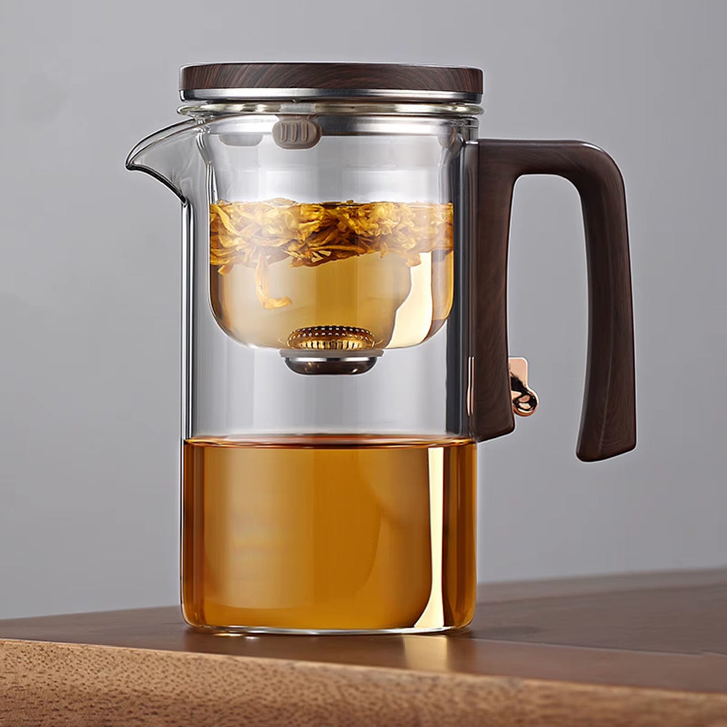 1 Set Glass Teapot Water Separation Wooden Handle Glass Tea Kettle with Infuser Drip-Free Spout Tea Pot for Tea Brewing