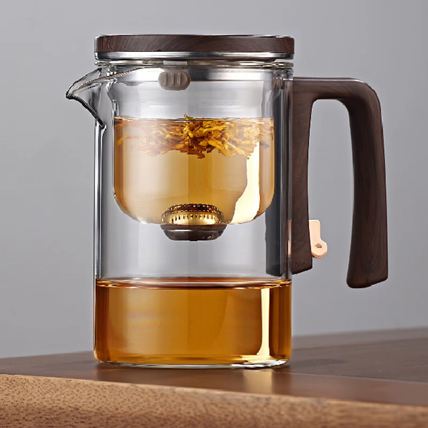 1 Set Glass Teapot Water Separation Wooden Handle Glass Tea Kettle with Infuser Drip-Free Spout Tea Pot for Tea Brewing
