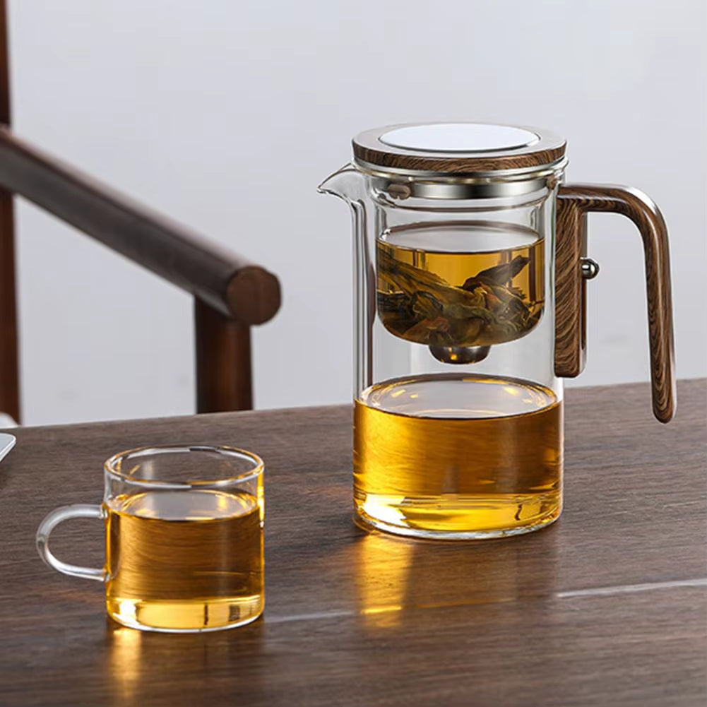 1 Set Glass Teapot Water Separation Wooden Handle Glass Tea Kettle with Infuser Drip-Free Spout Tea Pot for Tea Brewing