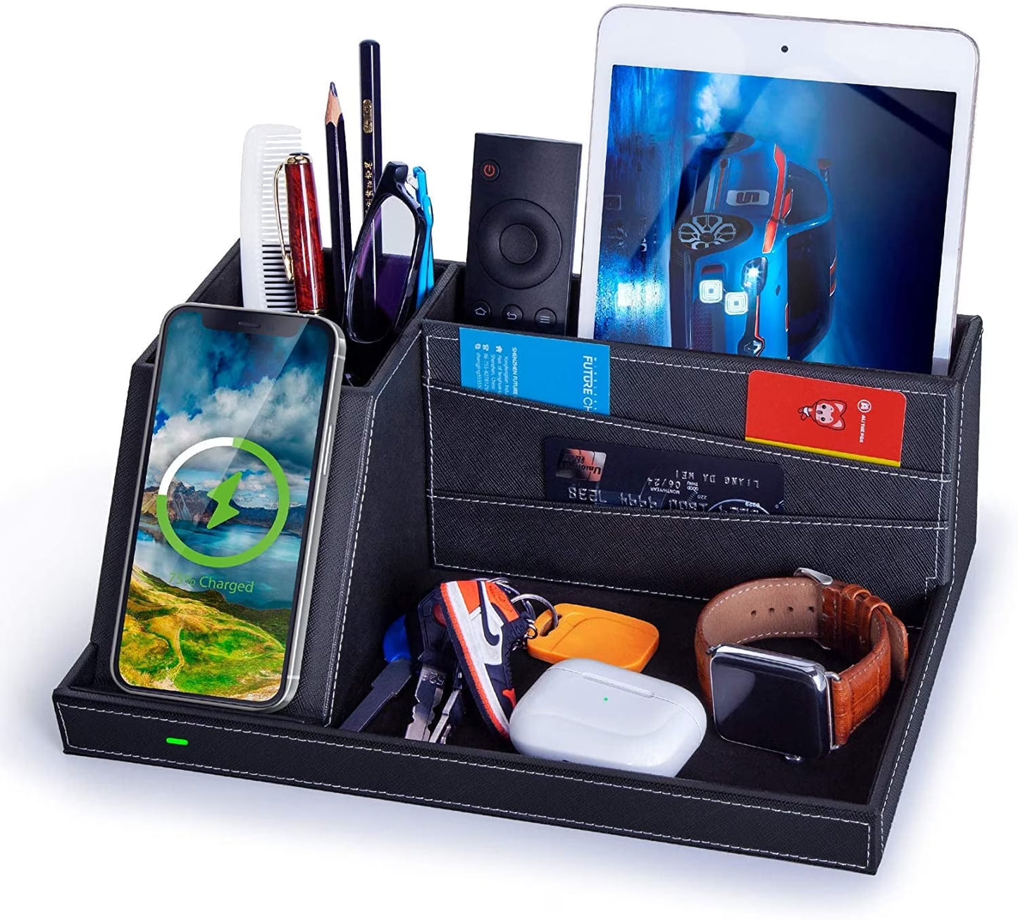 Desk Organizer with Wireless Charging for Iphone, PU Leather Valet Catchall Tray with Pencil Holder for Desk & Nightstand Organizer Home Office, 1 Pack